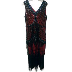 Unique Vintage red and black beaded fringe flapper 1920s dress XL